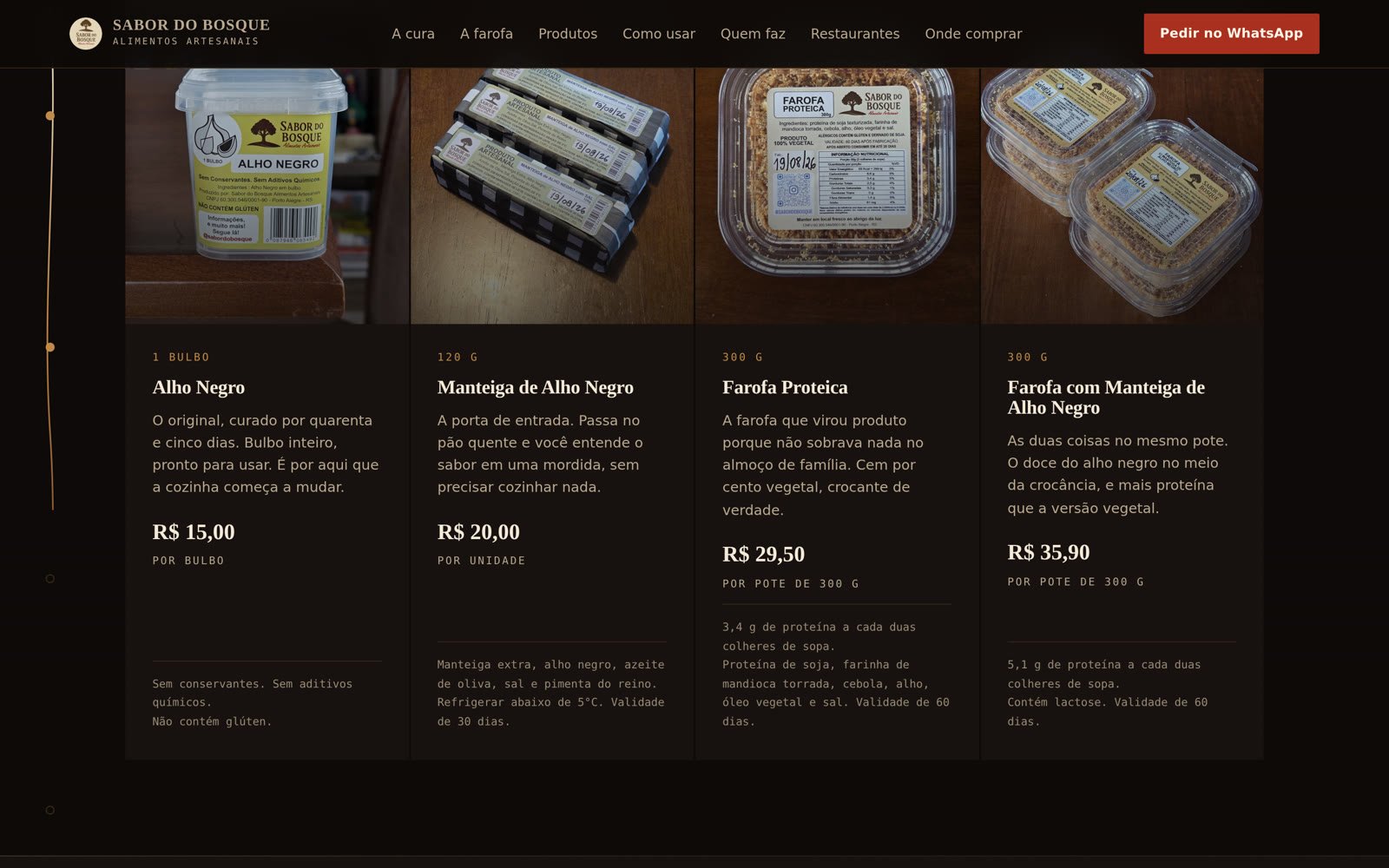 Catálogo de produtos do site Sabor do Bosque, com quatro produtos, fotos reais e preços.