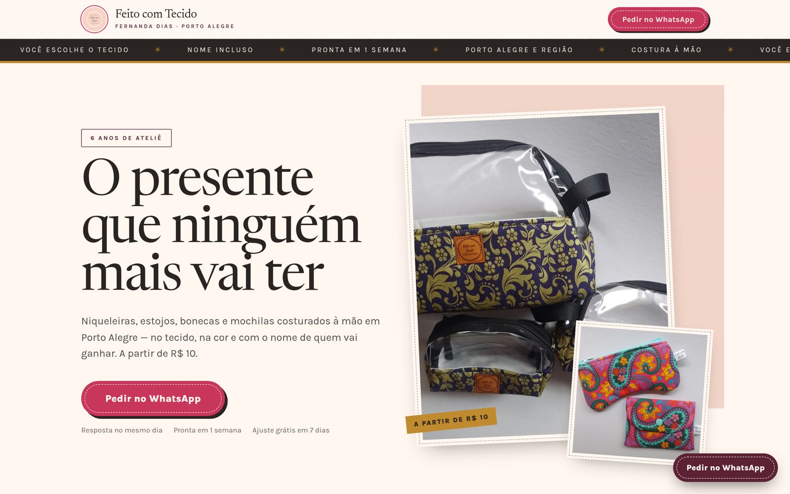 Topo do site Feito com Tecido, com título grande, foto das necessaires e botão de pedido no WhatsApp.